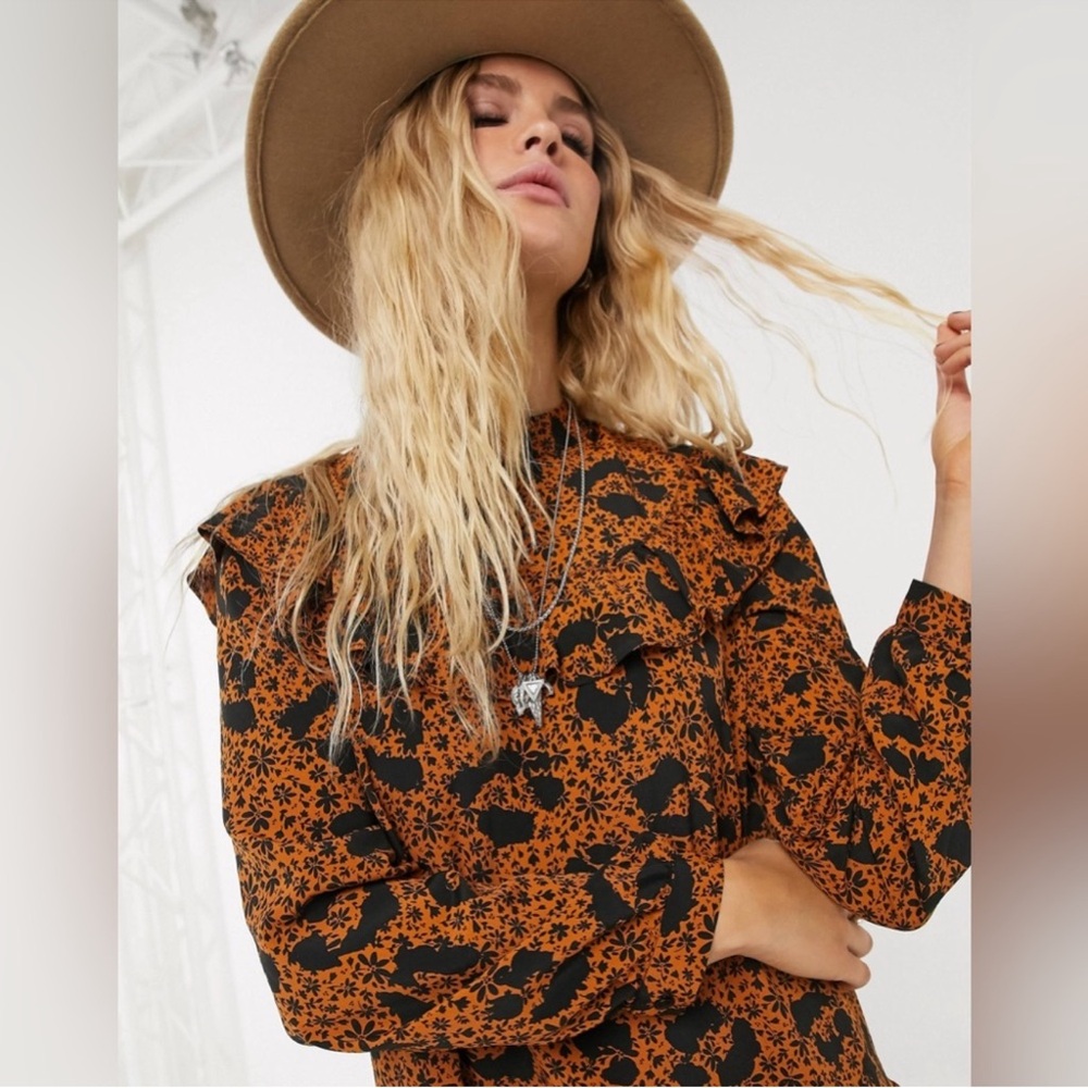 Topshop Orange and Black Floral Blouse #153